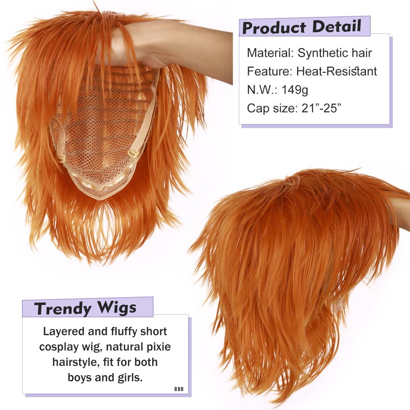 S-noilite Unisex Women Short Straight Cosplay Wig Men Male Anime Costume Hair Tail Full Wigs for Halloween Anime Party Dark Orange - Image 3